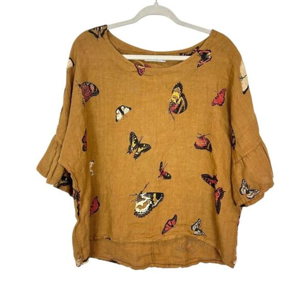 Viola Borghi Blouse Womens Medium mustard Linen Butterfly Print Bell Sleeve tan